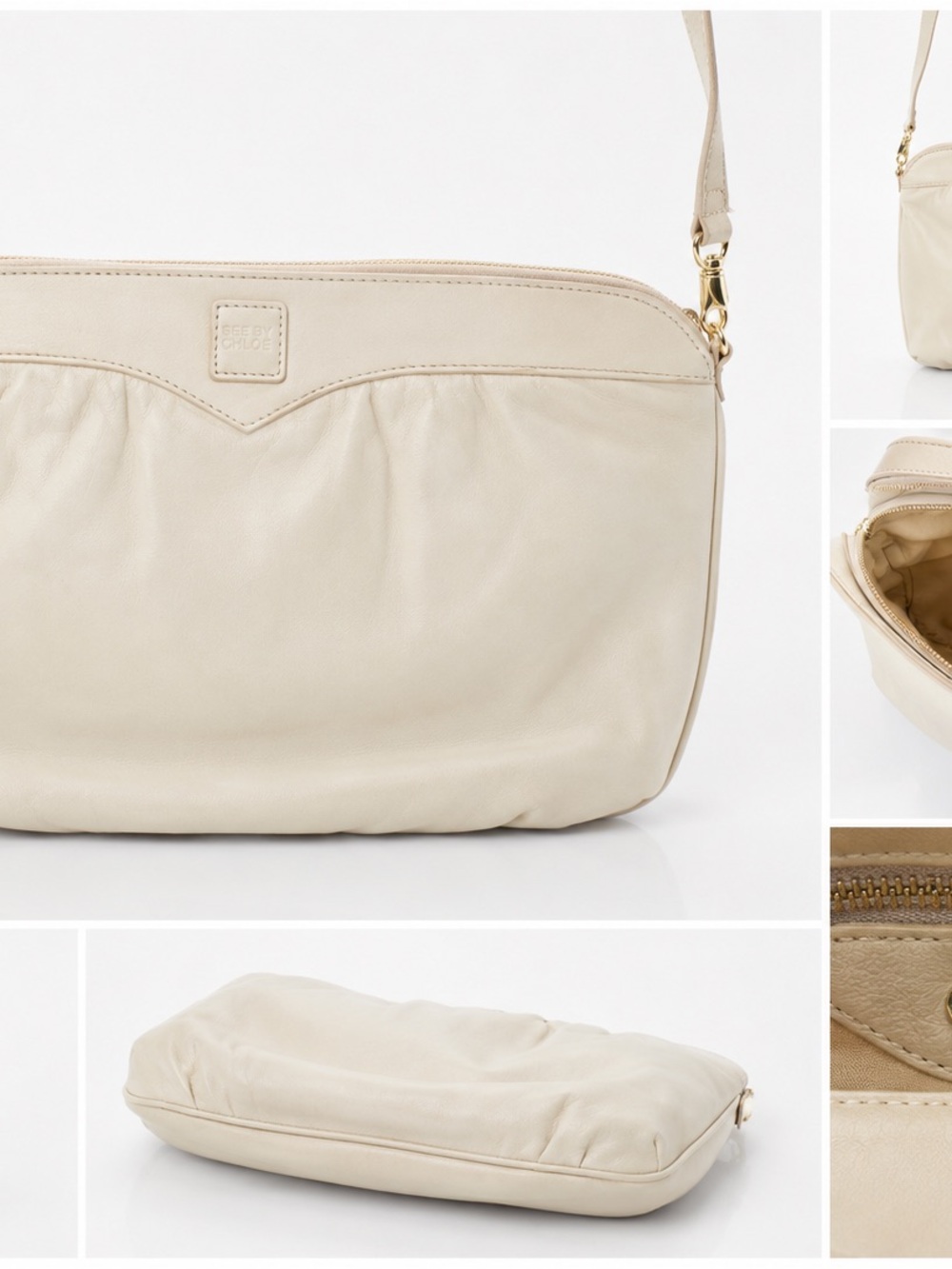 Anne Klein Cream Leather Crossbody Bag with Gold-Tone Hardware
